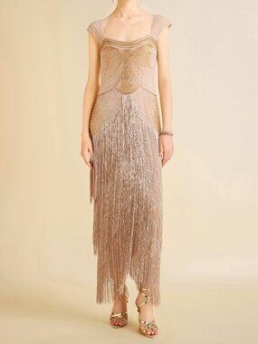 Champagne Beaded Fringe 1920s Inspired Dress